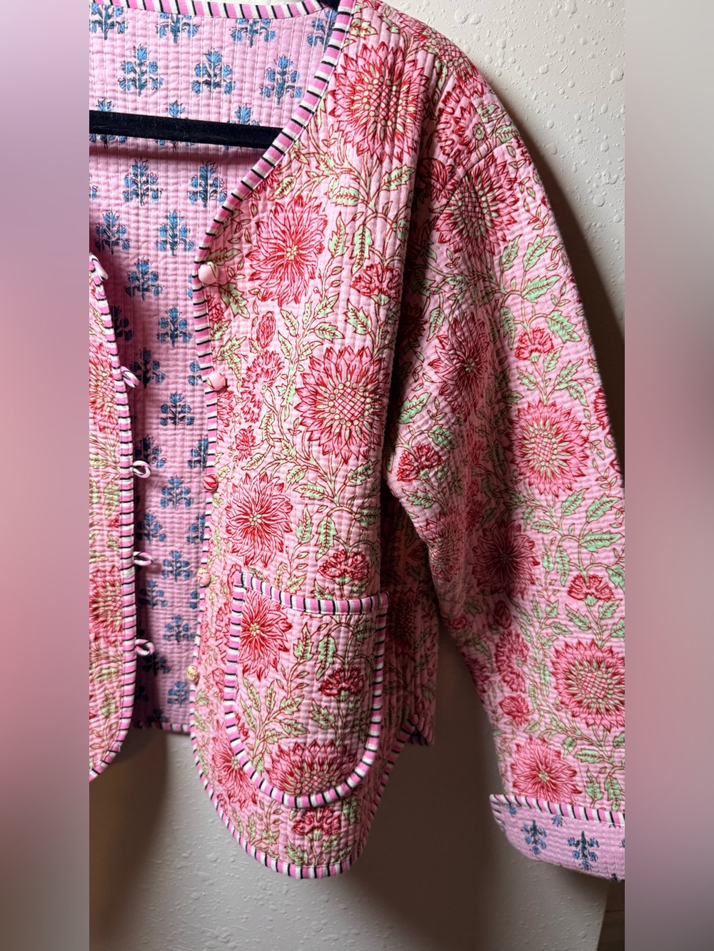 Reversible Quilted Floral Jacket Pink Block Print Cotton Cottagecore croquette - Picture 4 of 14